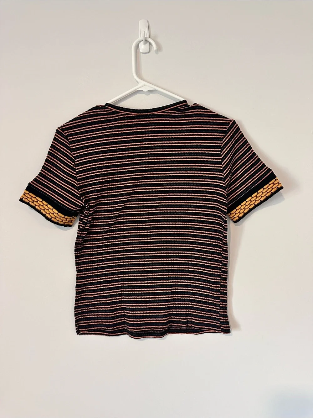 Zara Striped Top Black Tan with Gold Trim Sleeves Size Large Fitted - Picture 3 of 10